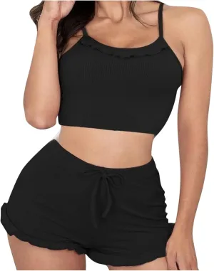 2 Piece Pajama for Women Sets Sexy Cute Lingerie Camisole Pajama Set Soft Bow Front Booty Shorts Nightwear Sleepwear