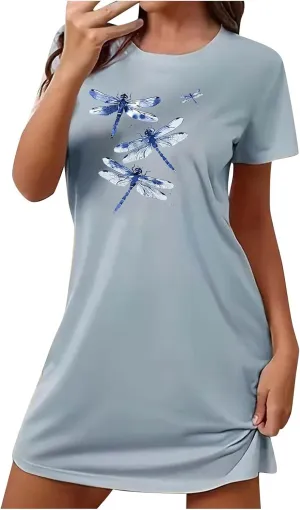 2024 Comfy Dragonfly Graphic Nightgowns for Women Lounge Nightdress Short Sleeve Sleep Shirt Loose Fit Lounge Pajamas
