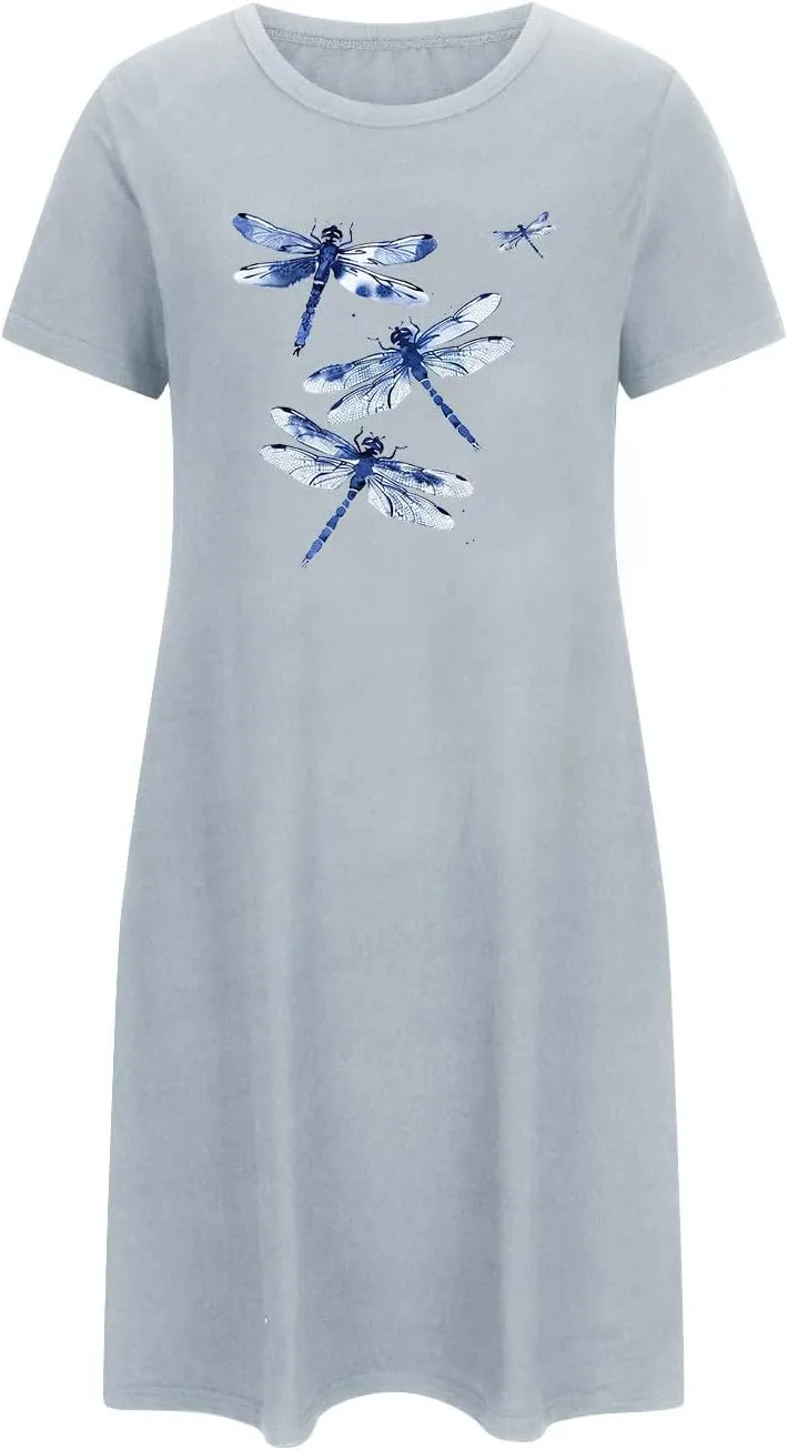 2024 Comfy Dragonfly Graphic Nightgowns for Women Lounge Nightdress Short Sleeve Sleep Shirt Loose Fit Lounge Pajamas