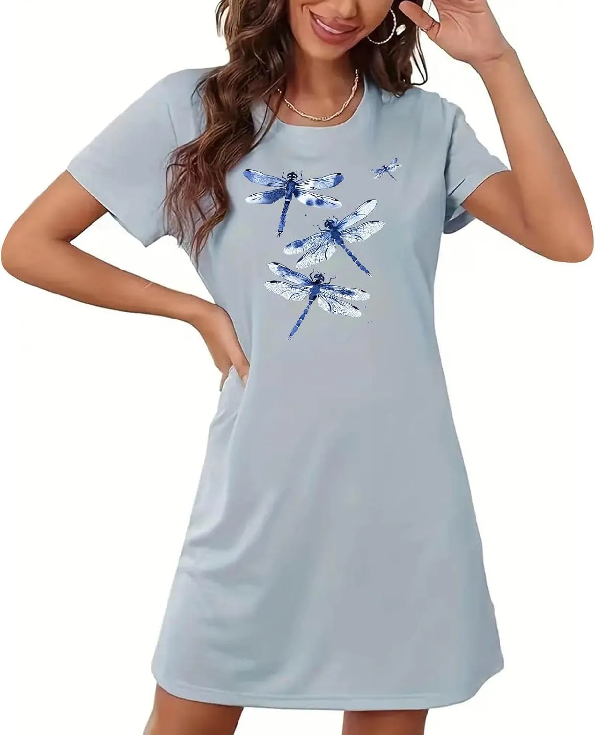 2024 Comfy Dragonfly Graphic Nightgowns for Women Lounge Nightdress Short Sleeve Sleep Shirt Loose Fit Lounge Pajamas