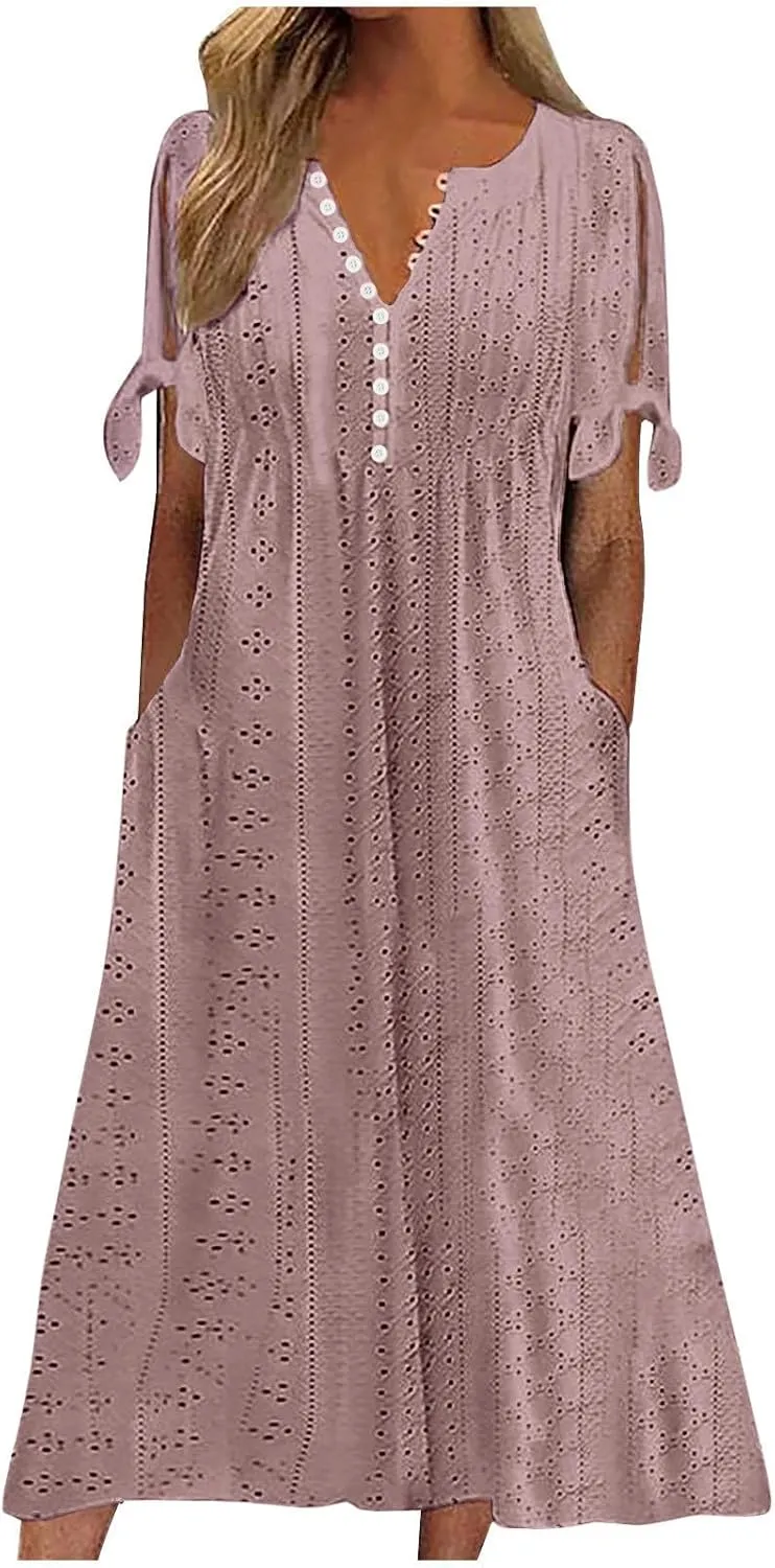 2025 Maxi Dresses for Women Fashion Short Sleeve Eyelet Tshirt Dress Casual Summer Beach Vacation Sundress