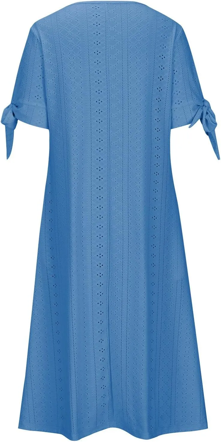 2025 Maxi Dresses for Women Fashion Short Sleeve Eyelet Tshirt Dress Casual Summer Beach Vacation Sundress