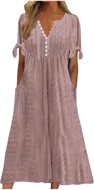 2025 Maxi Dresses for Women Fashion Short Sleeve Eyelet Tshirt Dress Casual Summer Beach Vacation Sundress