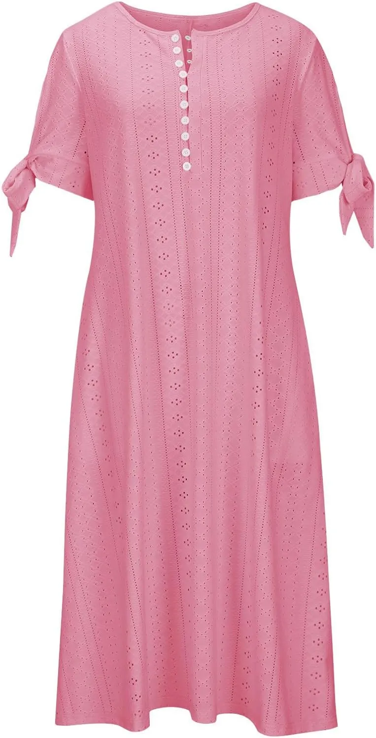 2025 Maxi Dresses for Women Fashion Short Sleeve Eyelet Tshirt Dress Casual Summer Beach Vacation Sundress