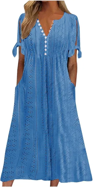2025 Maxi Dresses for Women Fashion Short Sleeve Eyelet Tshirt Dress Casual Summer Beach Vacation Sundress