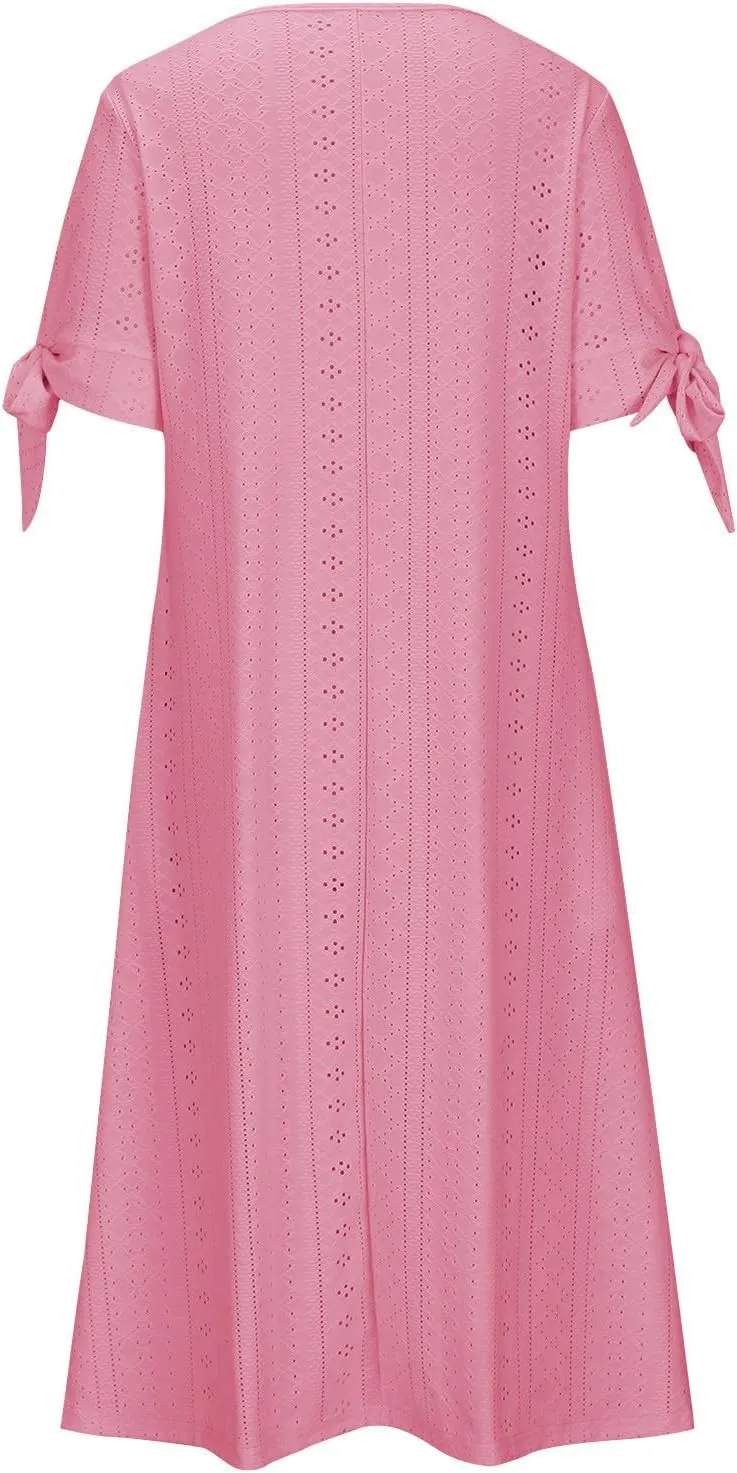 2025 Maxi Dresses for Women Fashion Short Sleeve Eyelet Tshirt Dress Casual Summer Beach Vacation Sundress