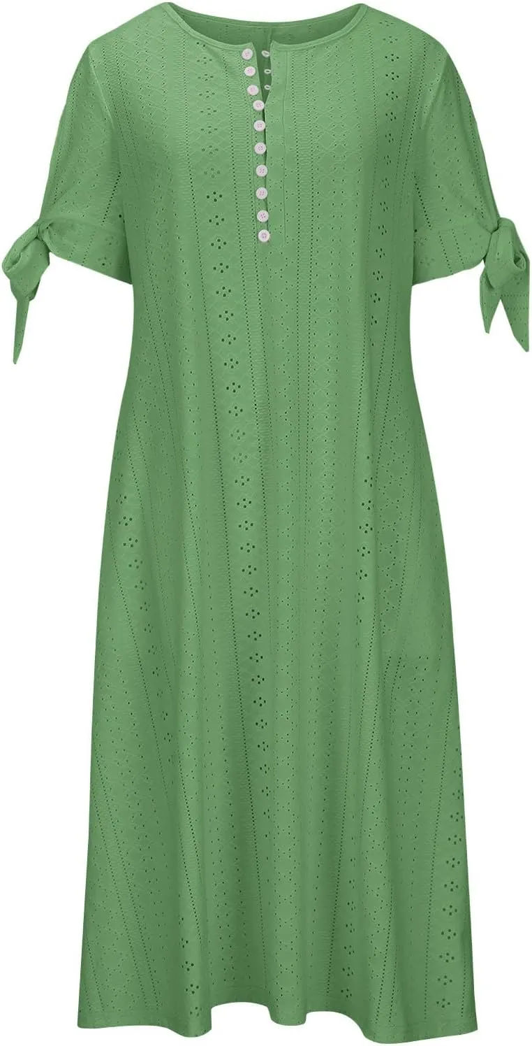 2025 Maxi Dresses for Women Fashion Short Sleeve Eyelet Tshirt Dress Casual Summer Beach Vacation Sundress