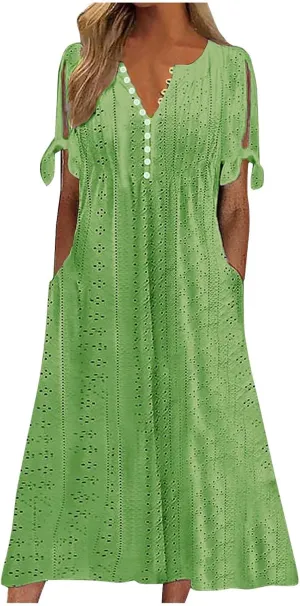2025 Maxi Dresses for Women Fashion Short Sleeve Eyelet Tshirt Dress Casual Summer Beach Vacation Sundress