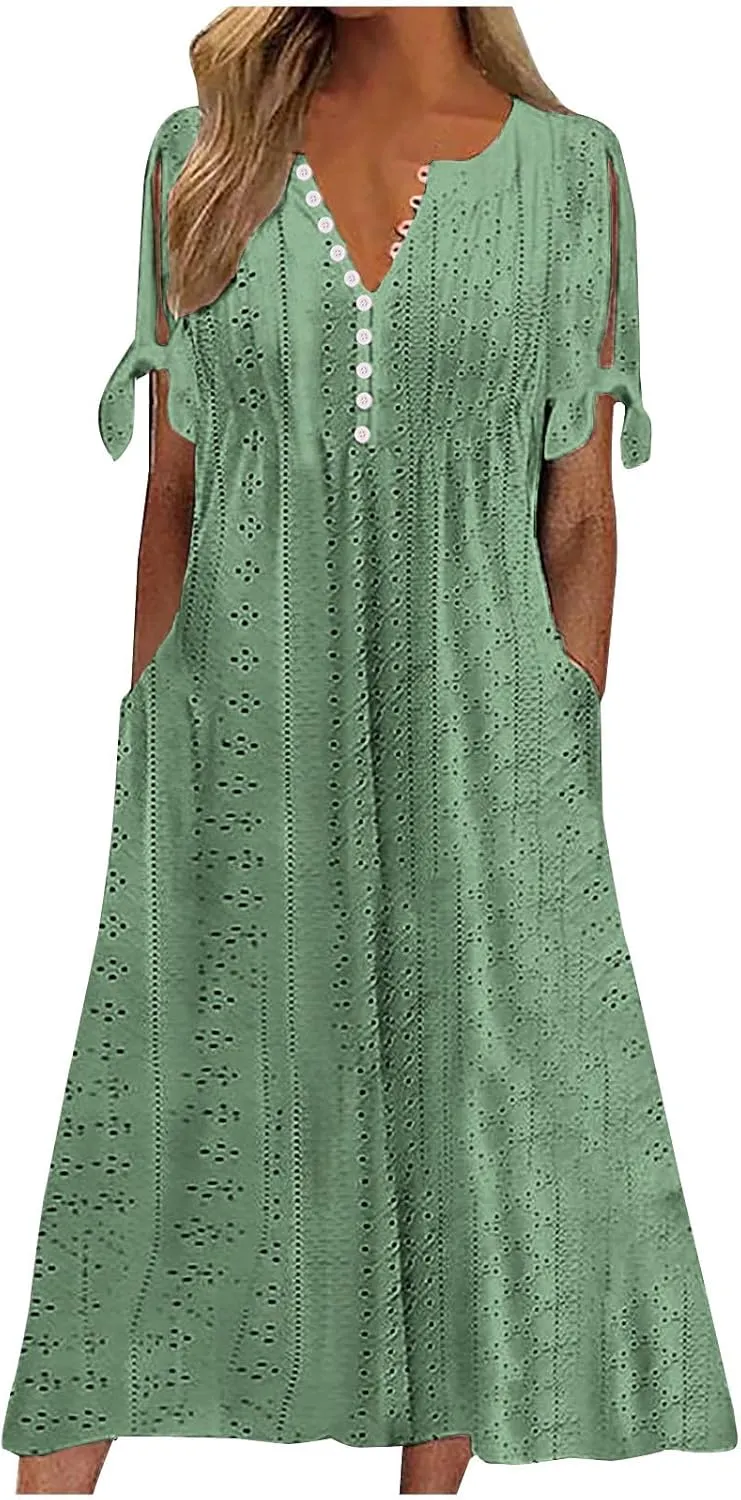 2025 Maxi Dresses for Women Fashion Short Sleeve Eyelet Tshirt Dress Casual Summer Beach Vacation Sundress
