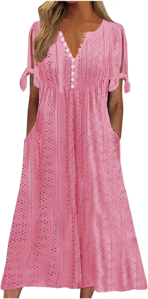 2025 Maxi Dresses for Women Fashion Short Sleeve Eyelet Tshirt Dress Casual Summer Beach Vacation Sundress