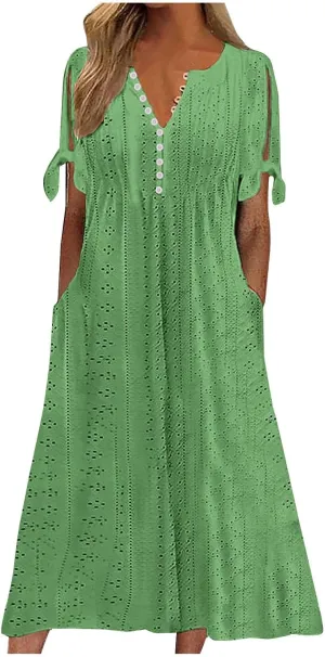 2025 Maxi Dresses for Women Fashion Short Sleeve Eyelet Tshirt Dress Casual Summer Beach Vacation Sundress