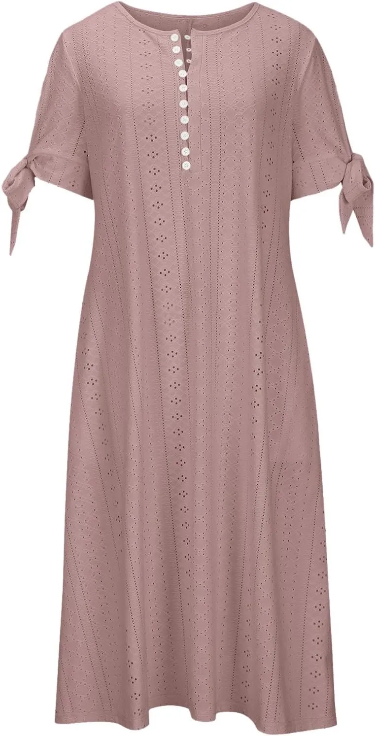 2025 Maxi Dresses for Women Fashion Short Sleeve Eyelet Tshirt Dress Casual Summer Beach Vacation Sundress