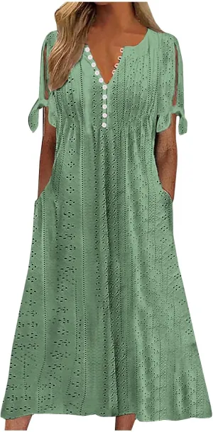 2025 Maxi Dresses for Women Fashion Short Sleeve Eyelet Tshirt Dress Casual Summer Beach Vacation Sundress