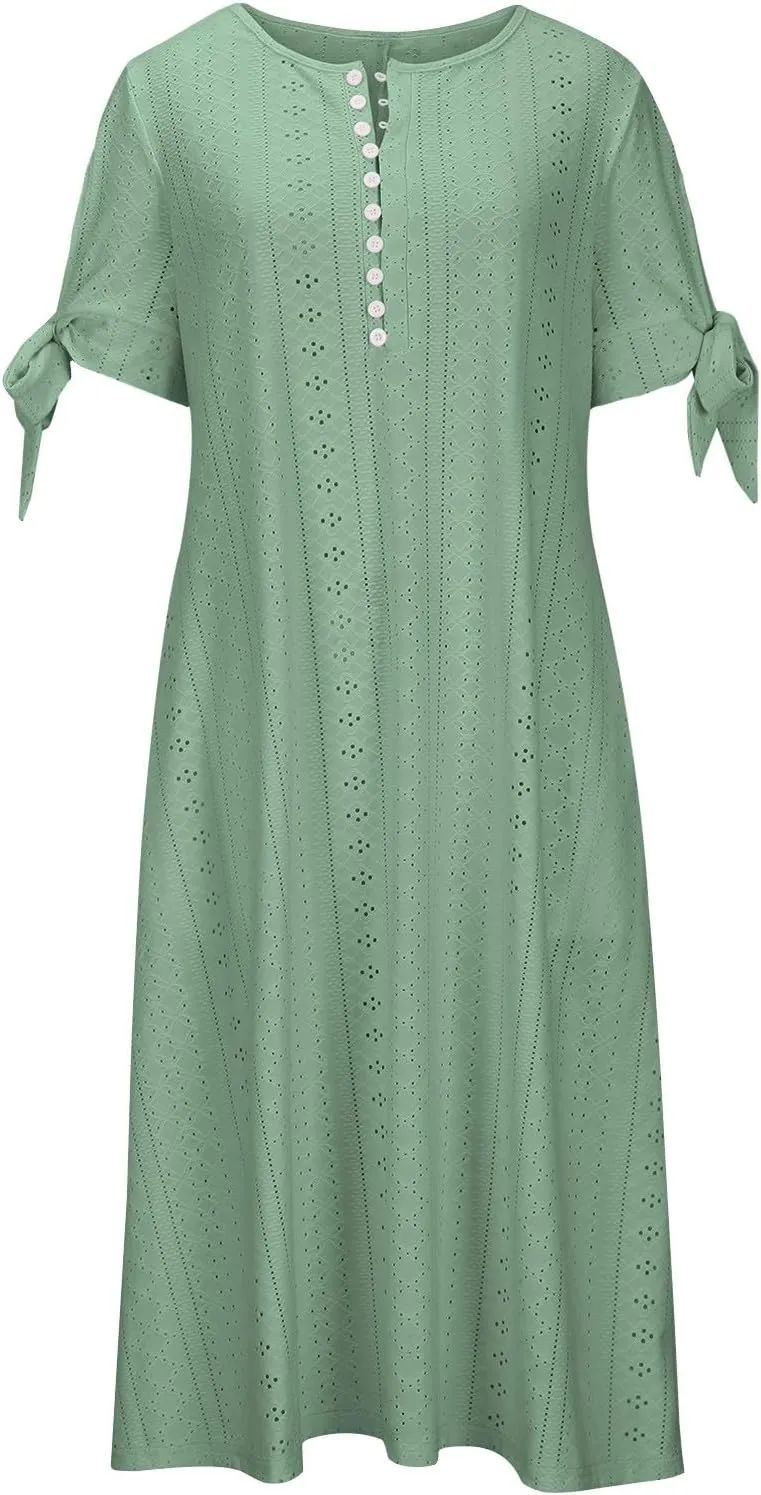 2025 Maxi Dresses for Women Fashion Short Sleeve Eyelet Tshirt Dress Casual Summer Beach Vacation Sundress