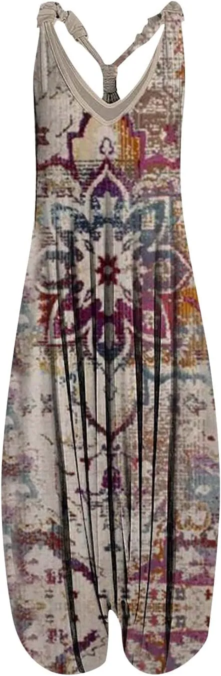 2025 Women Boho Overalls Plus Size Summer Fashion Jumpsuit Loose Fit Rompers Floral Printed Baggy Bohemia Harem Pants