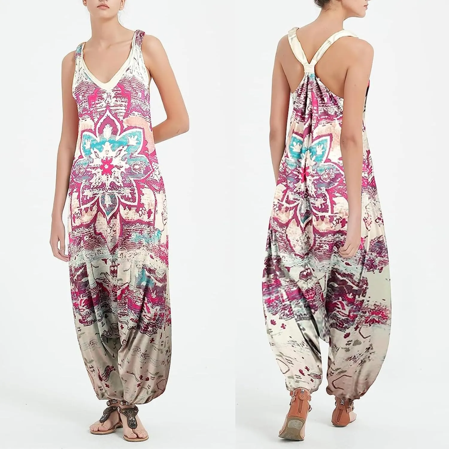 2025 Women Boho Overalls Plus Size Summer Fashion Jumpsuit Loose Fit Rompers Floral Printed Baggy Bohemia Harem Pants