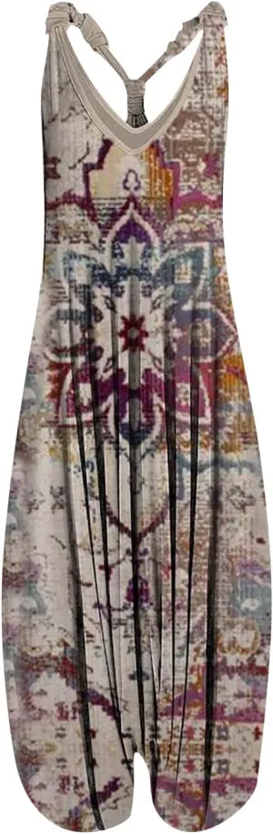 2025 Women Boho Overalls Plus Size Summer Fashion Jumpsuit Loose Fit Rompers Floral Printed Baggy Bohemia Harem Pants