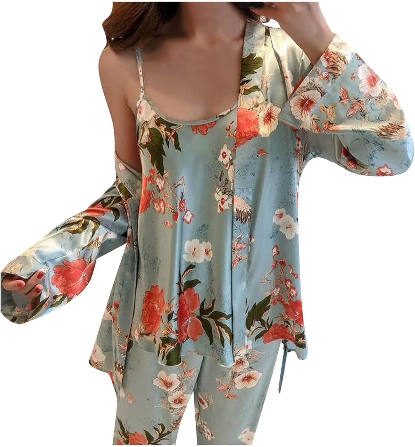 3 Piece Floral Pajama Set for Women Silk Satin Printed Cami Tops and Pants Set with Robe Sleepwear Loungewear Pj Sets
