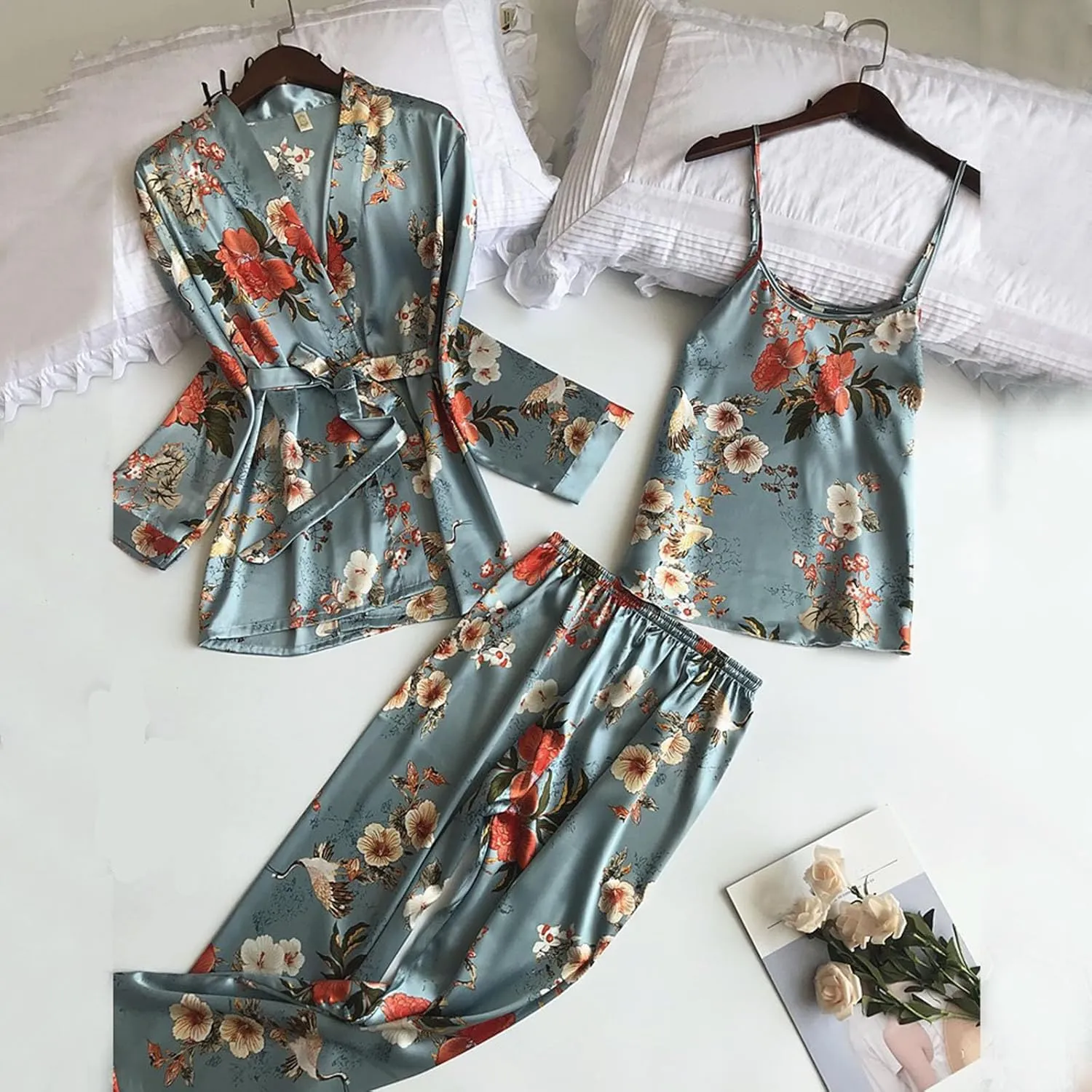 3 Piece Floral Pajama Set for Women Silk Satin Printed Cami Tops and Pants Set with Robe Sleepwear Loungewear Pj Sets