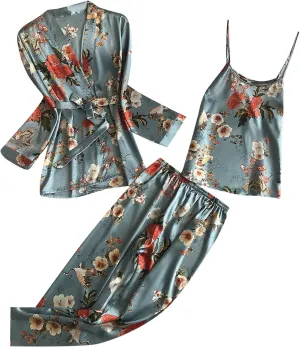3 Piece Floral Pajama Set for Women Silk Satin Printed Cami Tops and Pants Set with Robe Sleepwear Loungewear Pj Sets