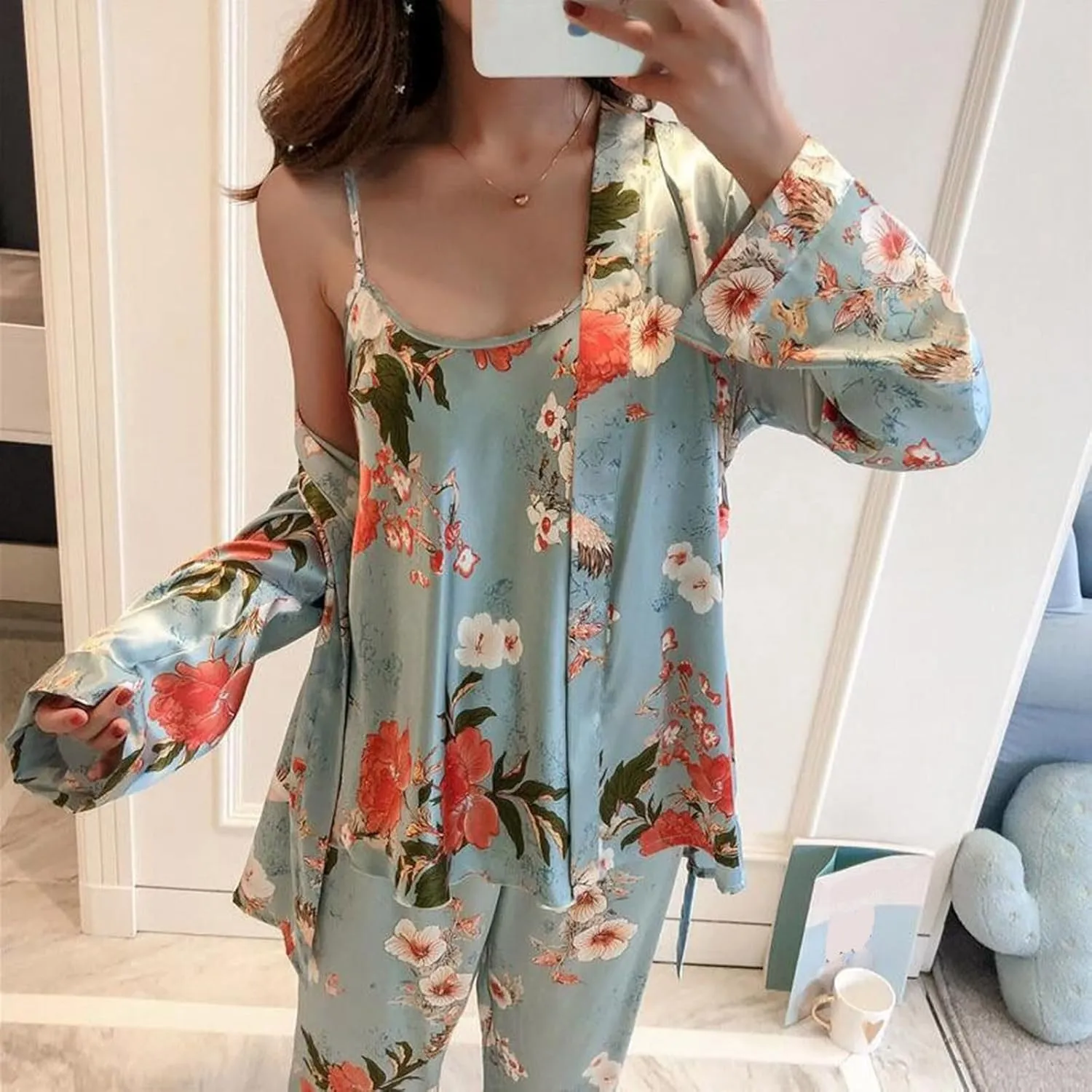 3 Piece Floral Pajama Set for Women Silk Satin Printed Cami Tops and Pants Set with Robe Sleepwear Loungewear Pj Sets