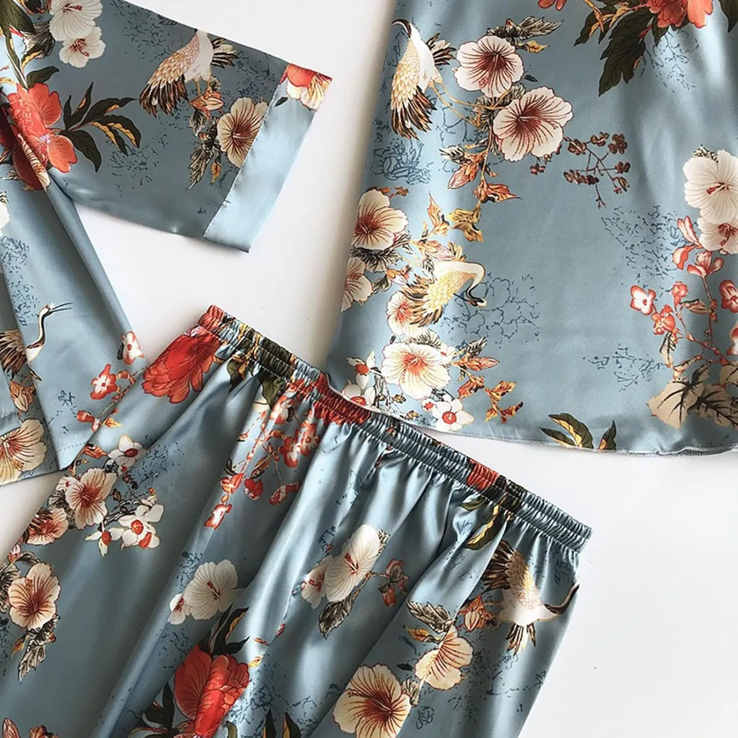 3 Piece Floral Pajama Set for Women Silk Satin Printed Cami Tops and Pants Set with Robe Sleepwear Loungewear Pj Sets