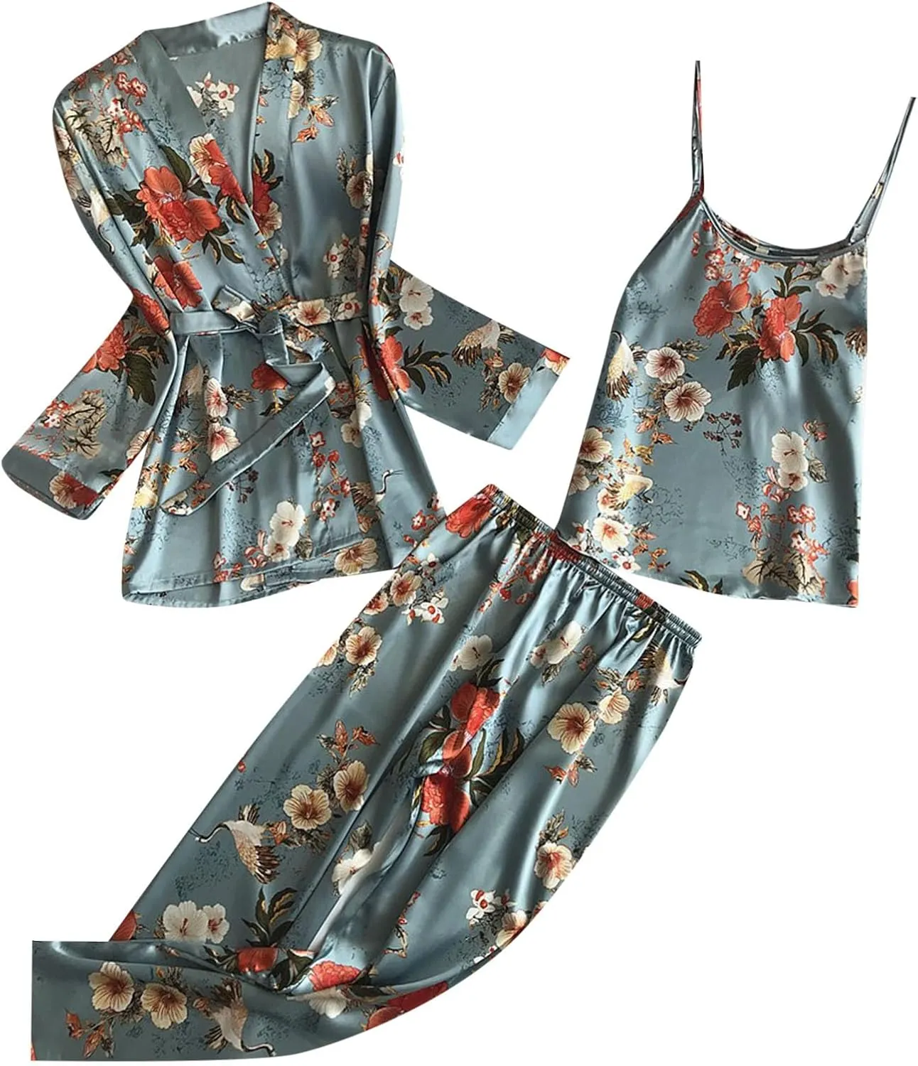 3 Piece Floral Pajama Set for Women Silk Satin Printed Cami Tops and Pants Set with Robe Sleepwear Loungewear Pj Sets