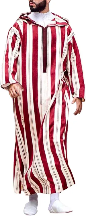 Abaya for Men Muslim Hooded Kaftan Striped Robe Long Sleeve Zip Up Long Gown Shirt Thobe with Pocket Caftan Arab Robe