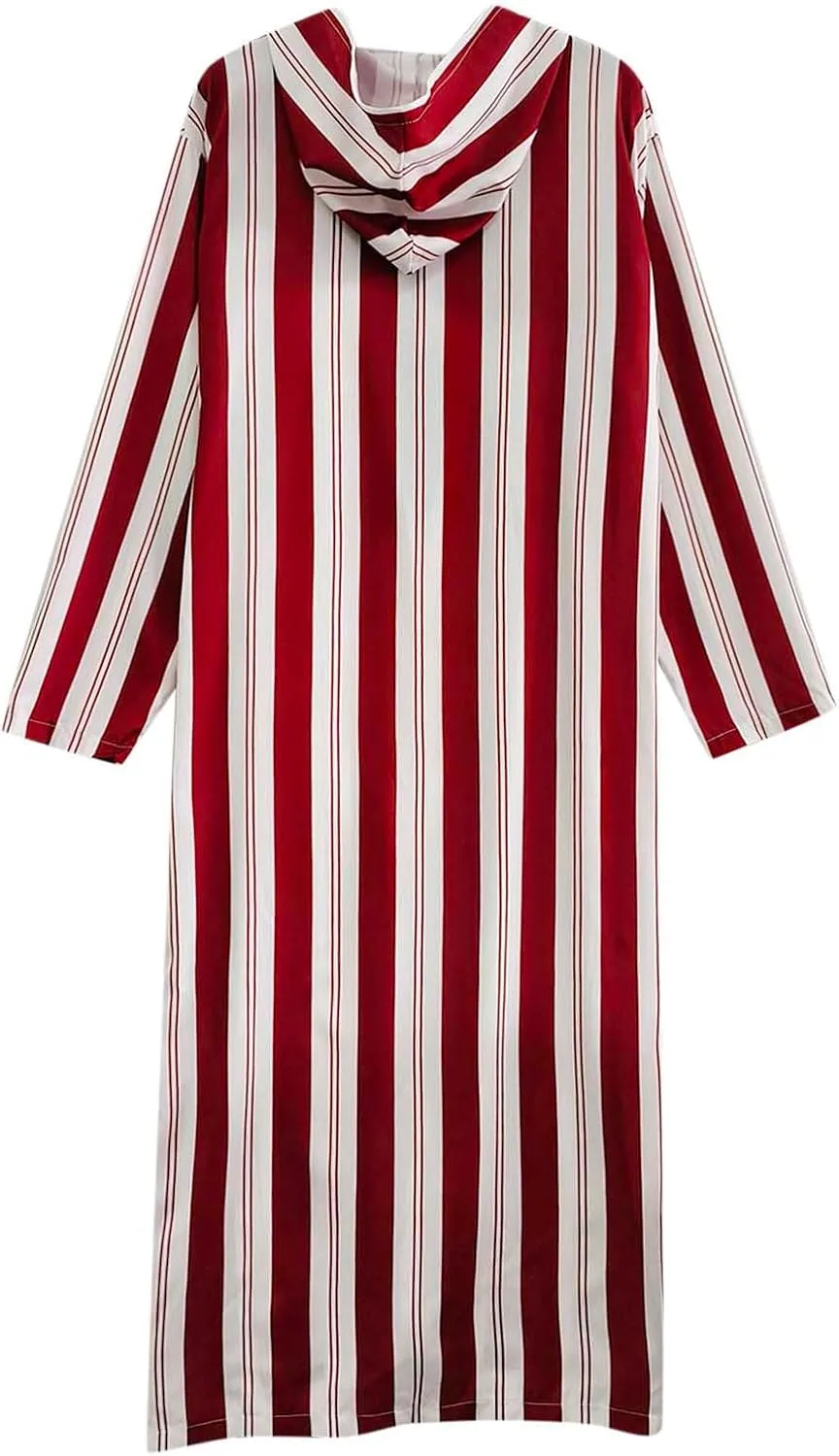 Abaya for Men Muslim Hooded Kaftan Striped Robe Long Sleeve Zip Up Long Gown Shirt Thobe with Pocket Caftan Arab Robe