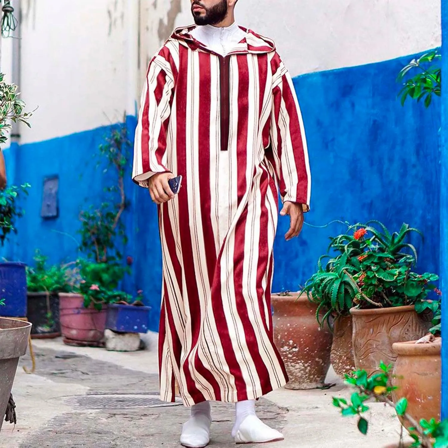 Abaya for Men Muslim Hooded Kaftan Striped Robe Long Sleeve Zip Up Long Gown Shirt Thobe with Pocket Caftan Arab Robe