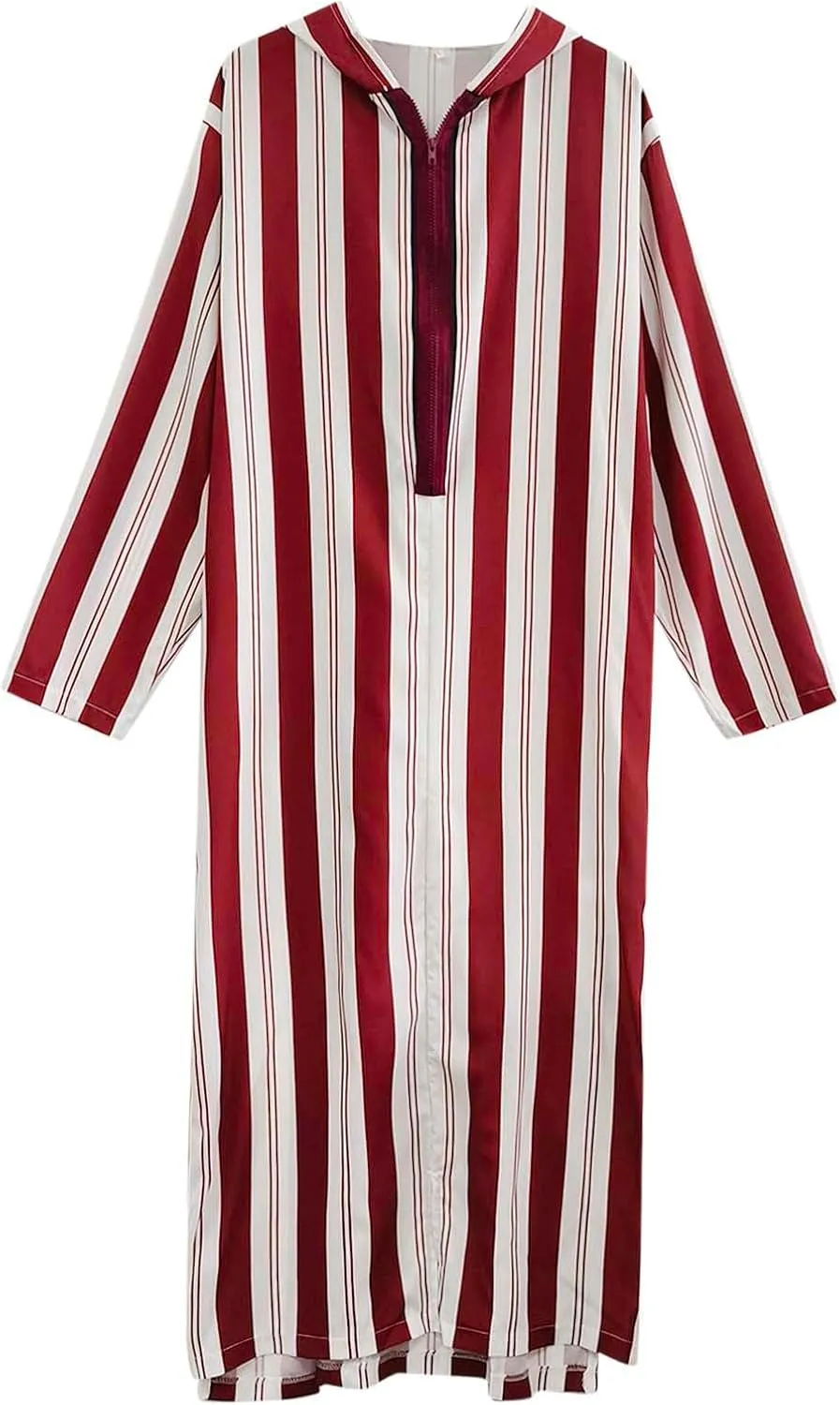 Abaya for Men Muslim Hooded Kaftan Striped Robe Long Sleeve Zip Up Long Gown Shirt Thobe with Pocket Caftan Arab Robe