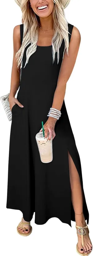 Acelitt Women 2025 Summer Sundress Casual Loose Sleeveless Beach Long Tank Dress Vacation Outfits with Pockets