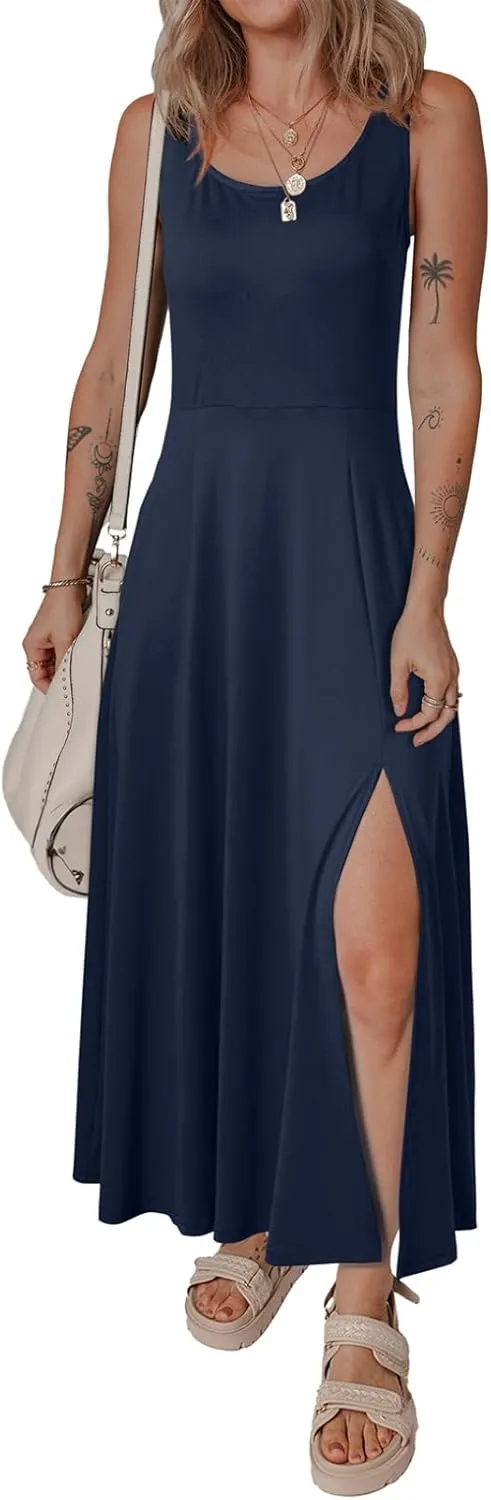 Acelitt Women 2025 Summer Sundress Casual Loose Sleeveless Beach Long Tank Dress Vacation Outfits with Pockets