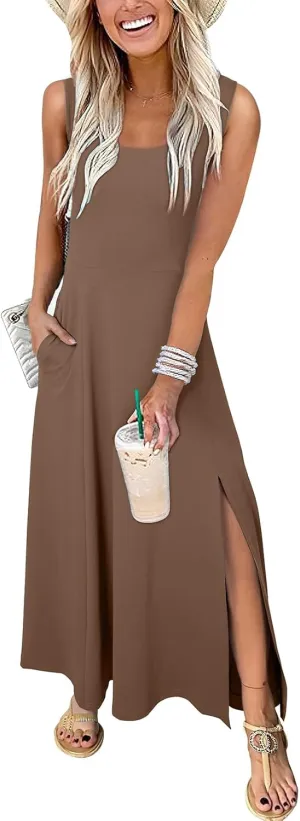Acelitt Women 2025 Summer Sundress Casual Loose Sleeveless Beach Long Tank Dress Vacation Outfits with Pockets