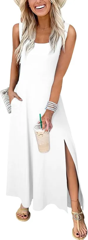 Acelitt Women 2025 Summer Sundress Casual Loose Sleeveless Beach Long Tank Dress Vacation Outfits with Pockets