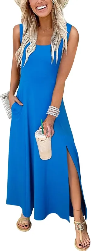 Acelitt Women 2025 Summer Sundress Casual Loose Sleeveless Beach Long Tank Dress Vacation Outfits with Pockets