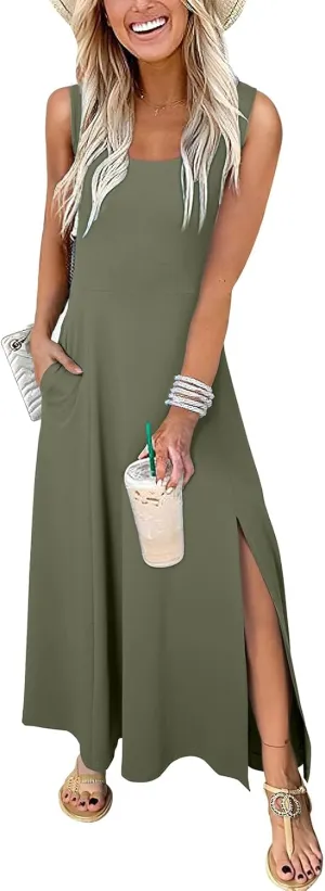 Acelitt Women 2025 Summer Sundress Casual Loose Sleeveless Beach Long Tank Dress Vacation Outfits with Pockets