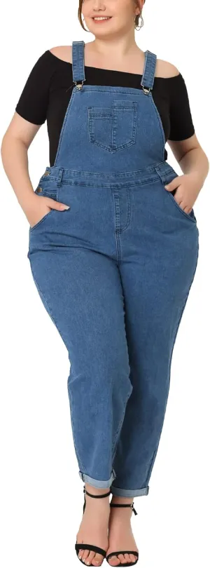 Agnes Orinda Women's Plus Size Casual Stretch Adjustable Denim Bib Overalls Jeans Pants Jumpsuits