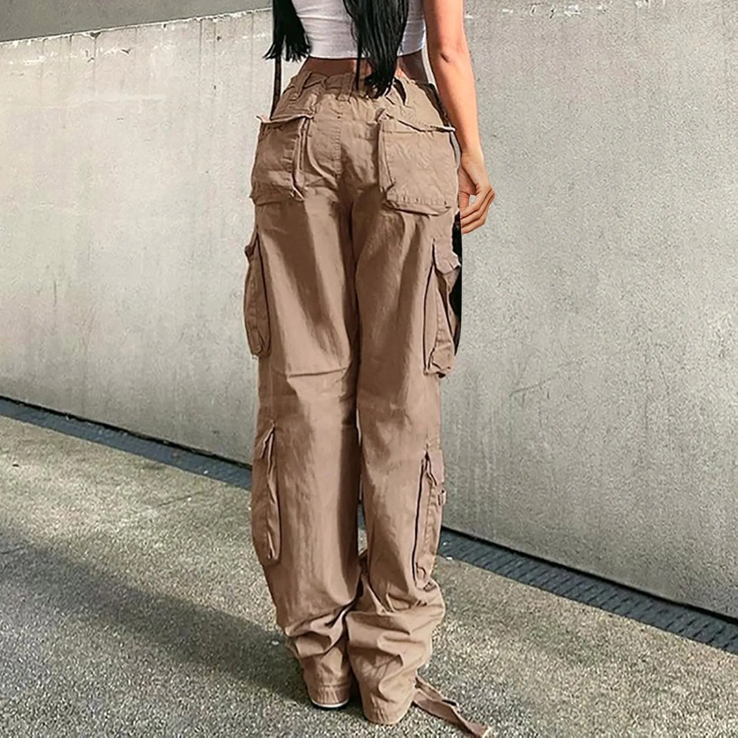 Anjikang Baggy Cargo Pants for Women Y2K Teen Girls Trendy Low Waist Parachute Pants Wide Leg Trousers Travel Hiking Pants