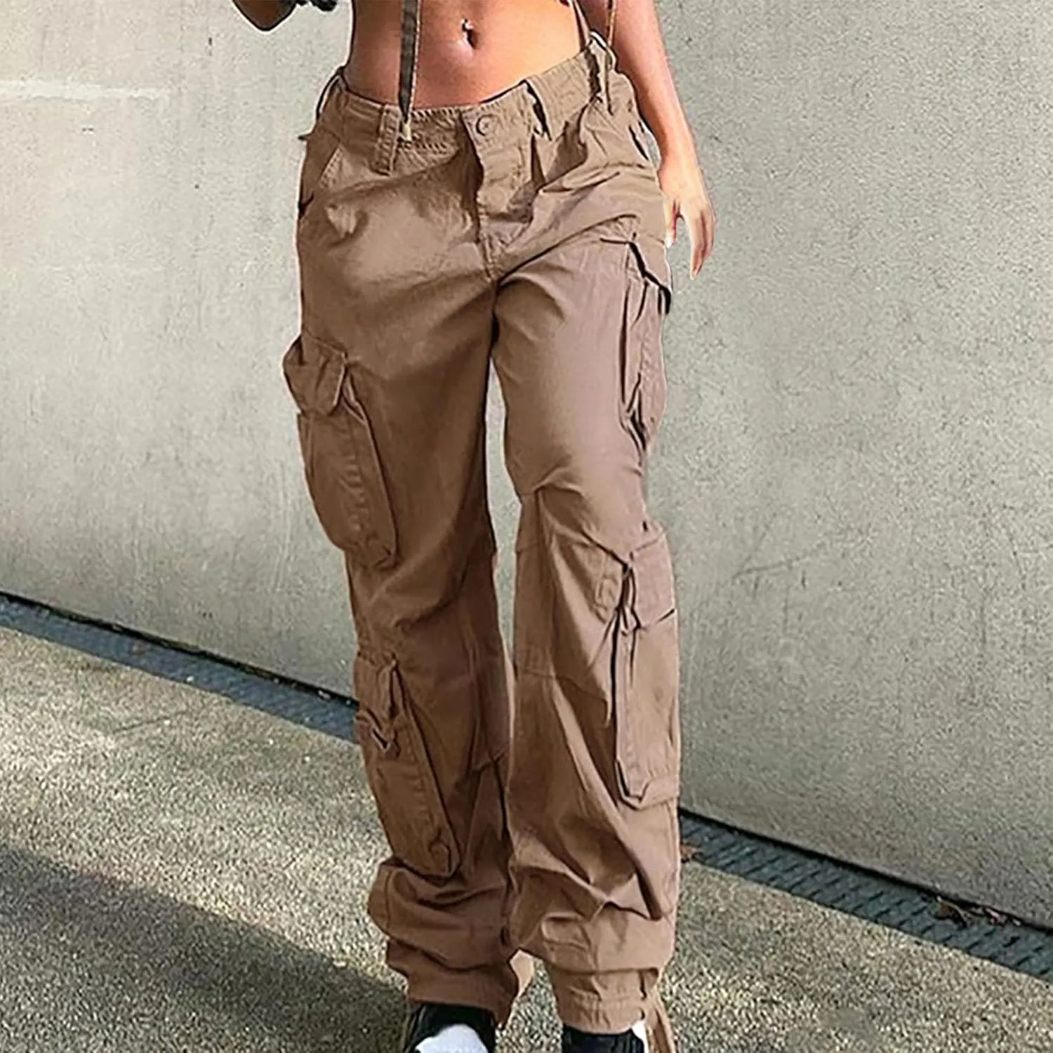 Anjikang Baggy Cargo Pants for Women Y2K Teen Girls Trendy Low Waist Parachute Pants Wide Leg Trousers Travel Hiking Pants