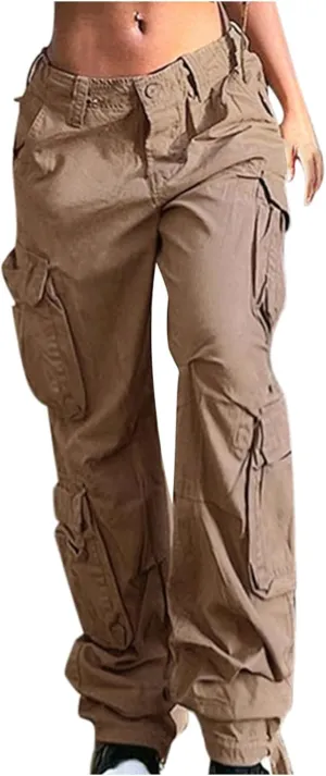 Anjikang Baggy Cargo Pants for Women Y2K Teen Girls Trendy Low Waist Parachute Pants Wide Leg Trousers Travel Hiking Pants