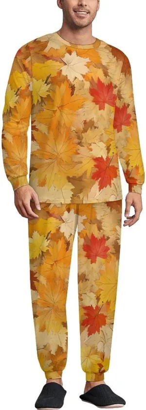 Autumn Leaves Soft Mens Pajamas Set Round Neck Pullover Long Sleeve And Pants Loungewear 2 Piece Pjs Set