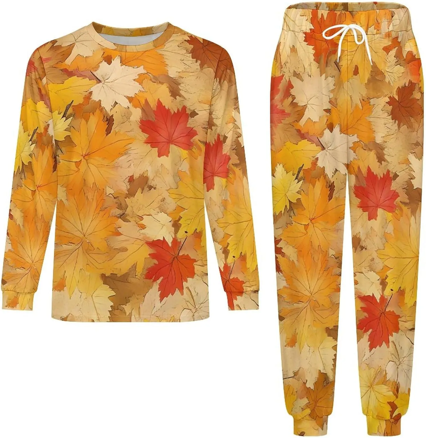 Autumn Leaves Soft Mens Pajamas Set Round Neck Pullover Long Sleeve And Pants Loungewear 2 Piece Pjs Set