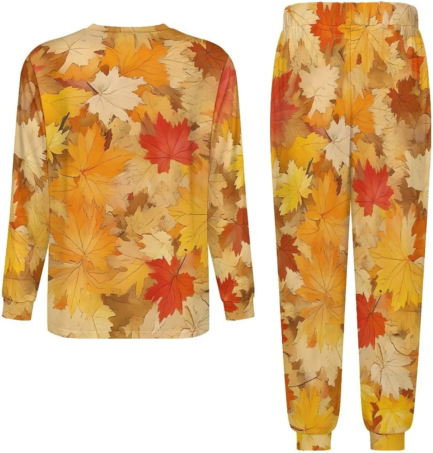 Autumn Leaves Soft Mens Pajamas Set Round Neck Pullover Long Sleeve And Pants Loungewear 2 Piece Pjs Set
