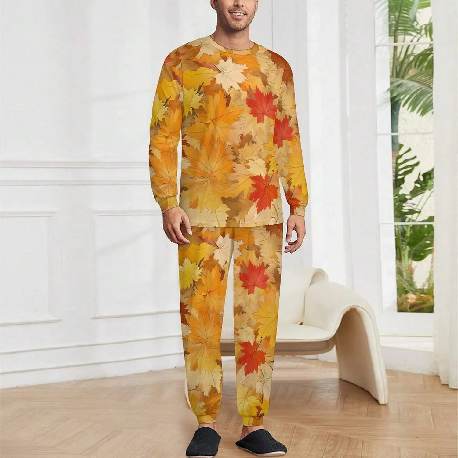 Autumn Leaves Soft Mens Pajamas Set Round Neck Pullover Long Sleeve And Pants Loungewear 2 Piece Pjs Set