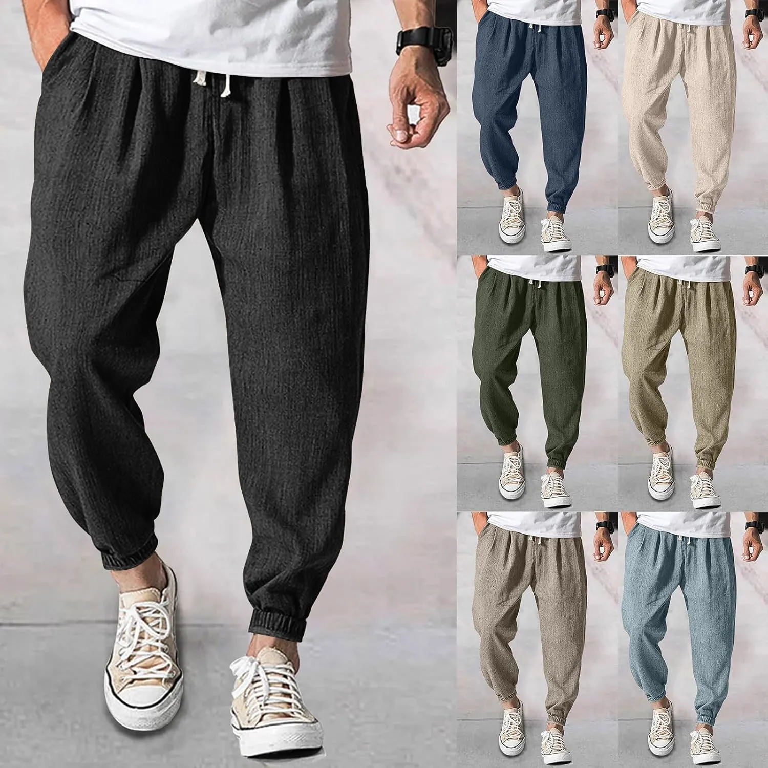 Baggy Linen Pants Men Lightweight Drawstring Casual Harem Pants Comfy Plus Size Cinch Bottom Lounge Pants with Pocket