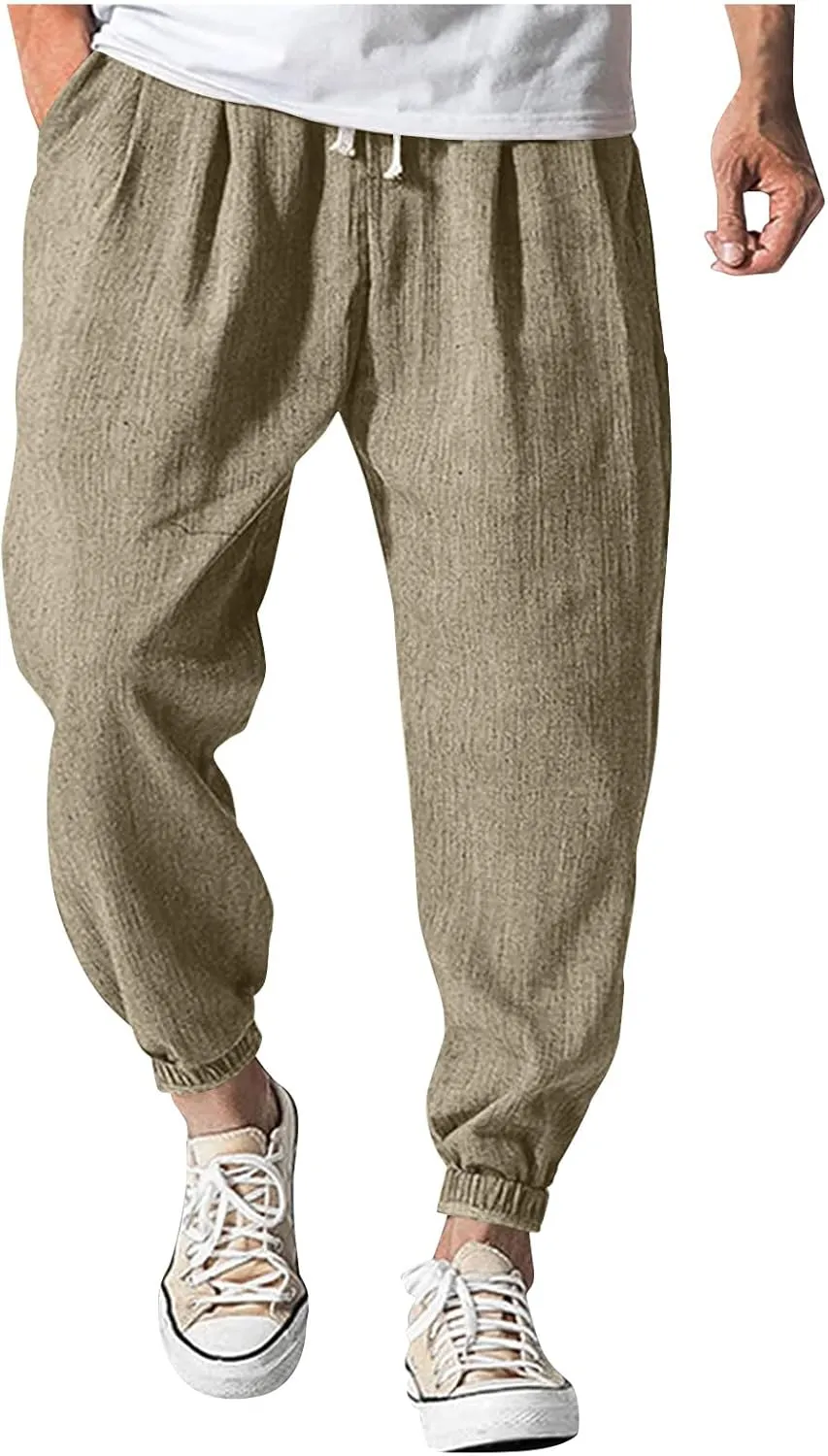 Baggy Linen Pants Men Lightweight Drawstring Casual Harem Pants Comfy Plus Size Cinch Bottom Lounge Pants with Pocket