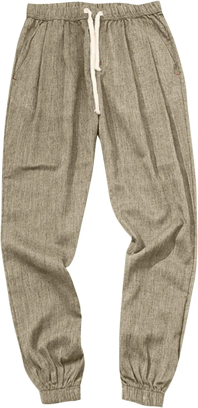 Baggy Linen Pants Men Lightweight Drawstring Casual Harem Pants Comfy Plus Size Cinch Bottom Lounge Pants with Pocket