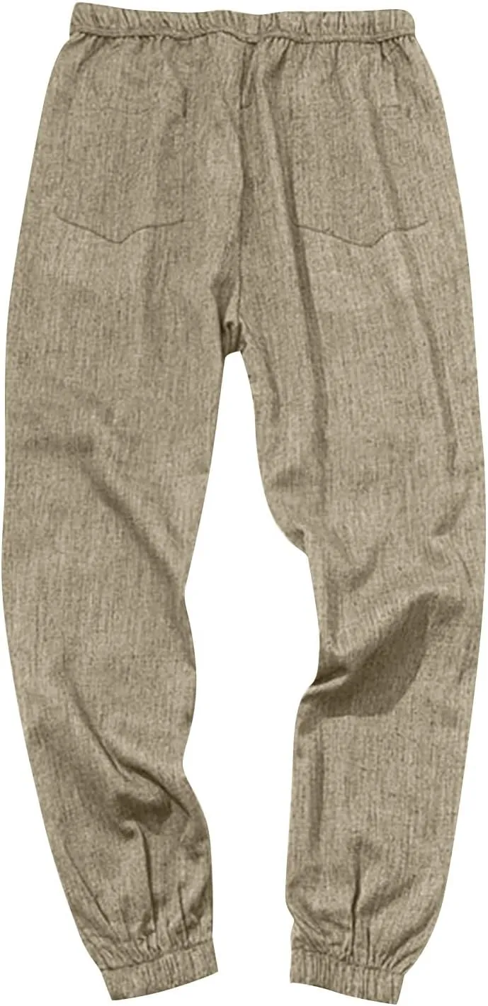 Baggy Linen Pants Men Lightweight Drawstring Casual Harem Pants Comfy Plus Size Cinch Bottom Lounge Pants with Pocket