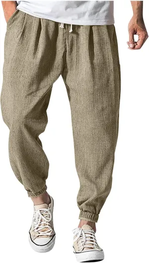 Baggy Linen Pants Men Lightweight Drawstring Casual Harem Pants Comfy Plus Size Cinch Bottom Lounge Pants with Pocket